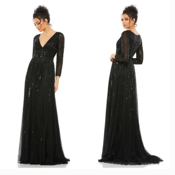 MAC DUGGAL 4977 SEQUINED V-NECK ILLUSIONS A-LINE BLACK GOWN sz 14 - Picture 1 of 6